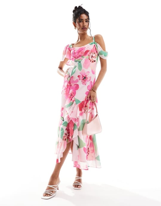ASOS DESIGN flutter sleeve midi dress with front frill split in print - Image 1