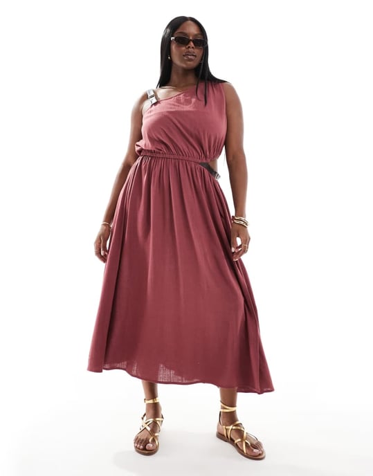 ASOS DESIGN Curve one shoulder textured midi dress pu trim detail in burgundy - Image 2