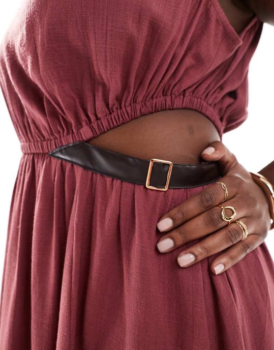 ASOS DESIGN Curve one shoulder textured midi dress pu trim detail in burgundy - Image 3
