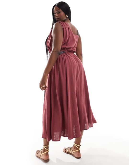 ASOS DESIGN Curve one shoulder textured midi dress pu trim detail in burgundy - Image 4