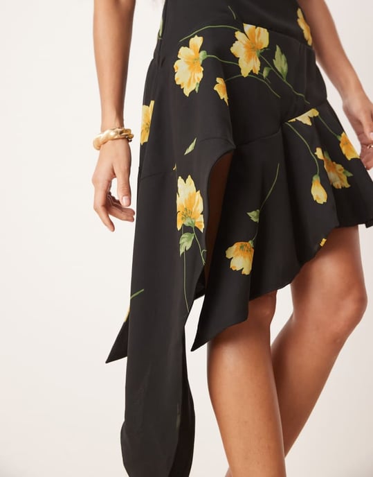 ASOS DESIGN asymmetric frill hem midi dress in black and yellow floral print - Image 3