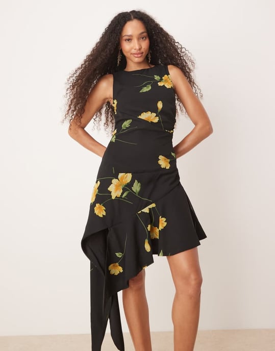 ASOS DESIGN asymmetric frill hem midi dress in black and yellow floral print - Image 4