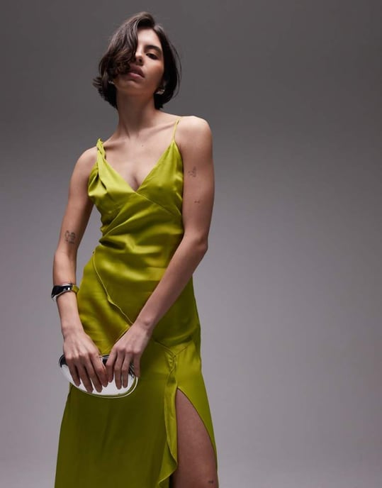 Topshop twist shoulder exposed seam midi slip dress in lime green - Image 1