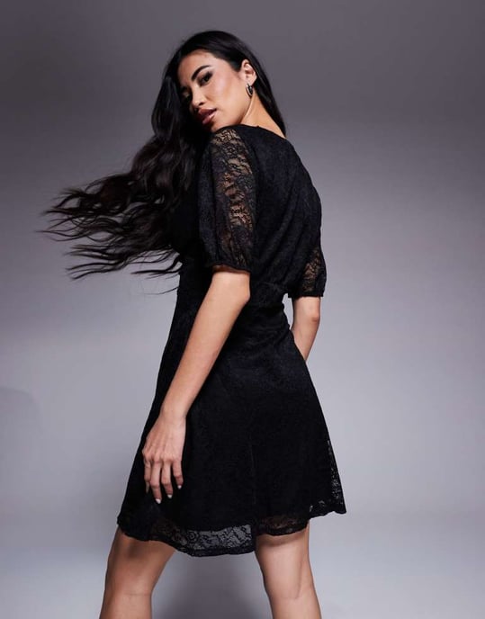 ASOS DESIGN short sleeve V neck lace midi dress in black - Image 3