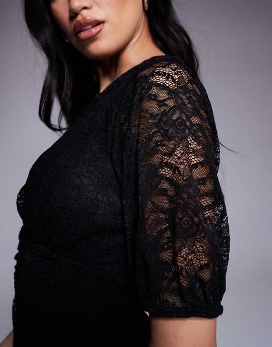 ASOS DESIGN short sleeve V neck lace midi dress in black - Image 4