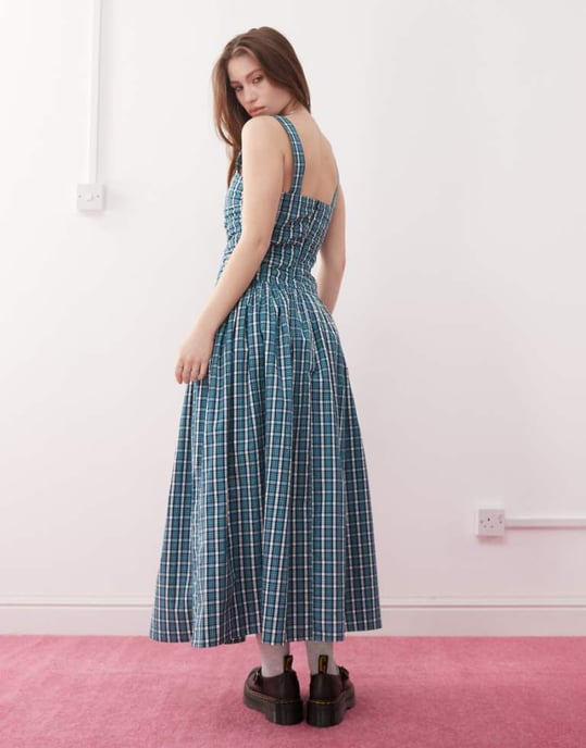 Reclaimed Vintage midi sundress with drop waist in green check - Image 1