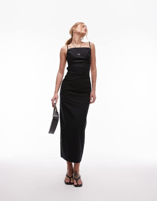 Topshop tucked side backless poplin midi dress in black - Image 2