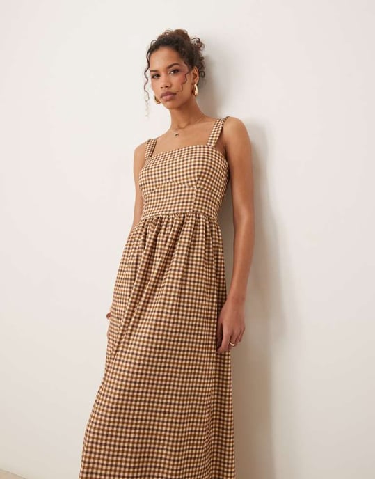 ASOS DESIGN bengaline cami midi dress in brown gingham - Image 3