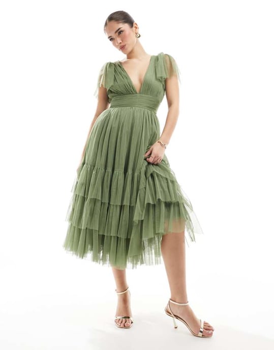 Lace & Beads Bridesmaid Madison midi dress in soft olive - Image 1