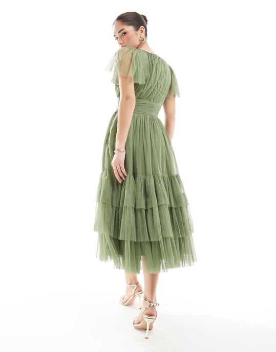 Lace & Beads Bridesmaid Madison midi dress in soft olive - Image 4