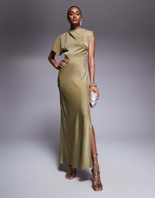 asos edition drape asymmetric midi dress in satin DESIGN cutout olive and an open back length:Short Strapless Tulle A-Line Wedding Color:Green Black