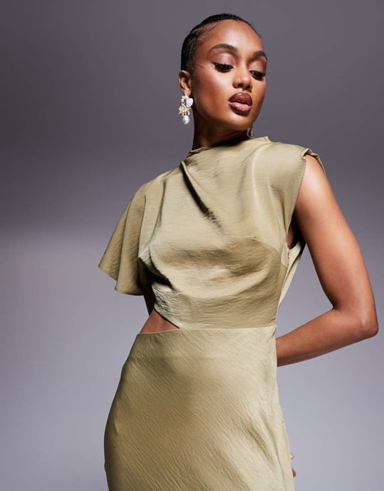 ASOS DESIGN satin drape asymmetric cutout midi dress in olive - Image 2