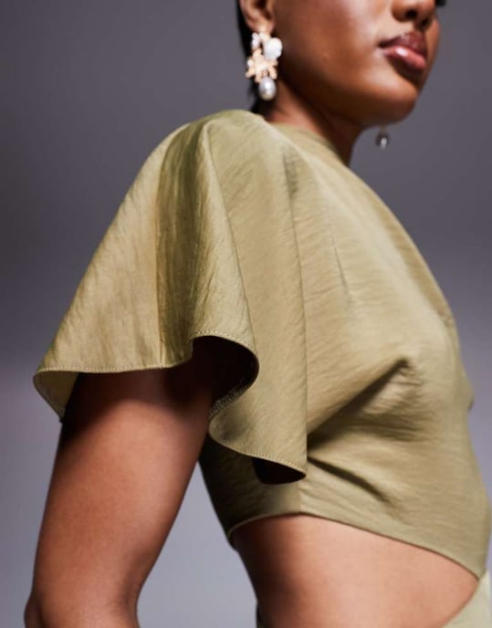 ASOS DESIGN satin drape asymmetric cutout midi dress in olive - Image 3