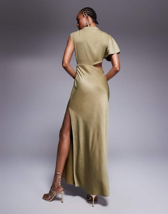 ASOS DESIGN satin drape asymmetric cutout midi dress in olive - Image 4