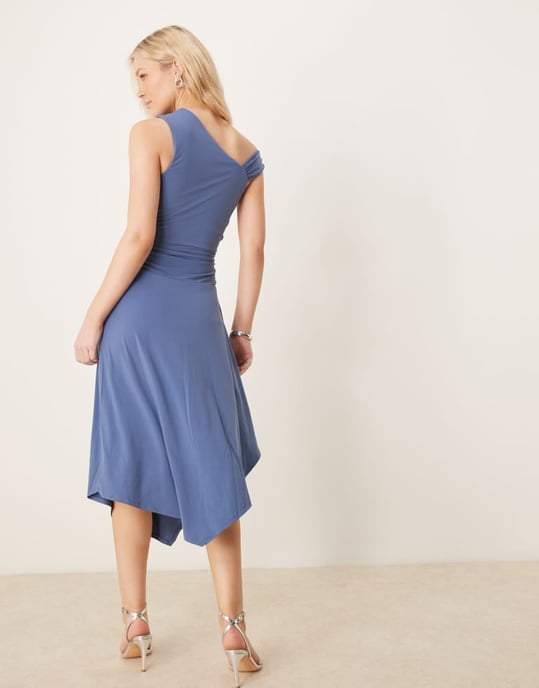 Abercrombie & Fitch one shoulder asymmetric hem midi dress in navy - Image 3