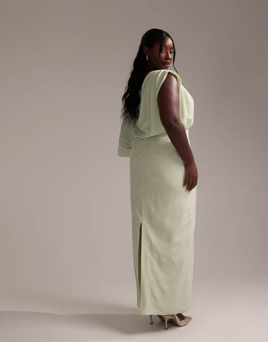 ASOS DESIGN Curve Bridesmaids crepe one shoulder draped maxi dress in light green - Image 3