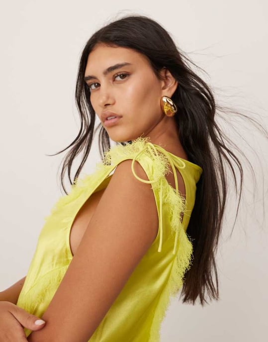 ASOS EDITION sleeveless satin asymmetric detail maxi dress with fringing in lime green - Image 2