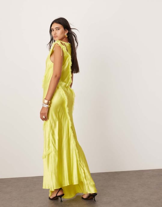 ASOS EDITION sleeveless satin asymmetric detail maxi dress with fringing in lime green - Image 3