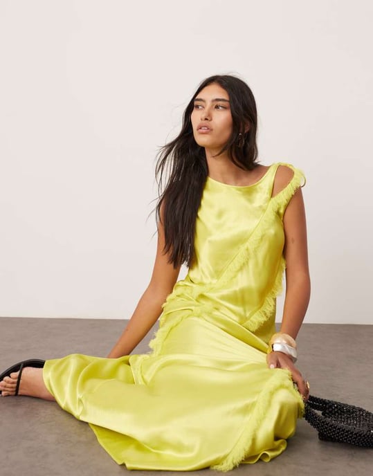 ASOS EDITION sleeveless satin asymmetric detail maxi dress with fringing in lime green - Image 4