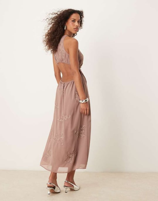 ASOS DESIGN all over floral embroidered halter maxi dress with open back in mink - Image 3