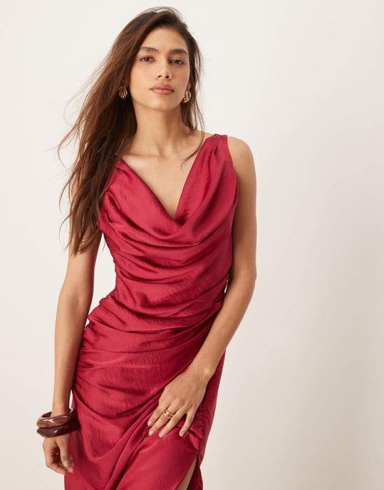 Abercrombie & Fitch cowl neck draped maxi dress in dark pink - Image 4