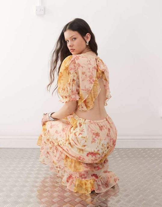 Reclaimed Vintage maxi dress with cutout detail in spliced floral print - Image 1