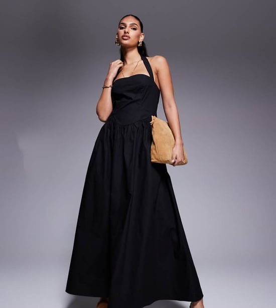 Kaiia exclusive cotton rich poplin square neck halter maxi dress in black - Image 1