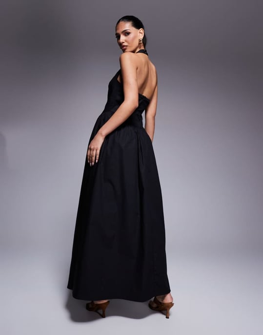 Kaiia exclusive cotton rich poplin square neck halter maxi dress in black - Image 3