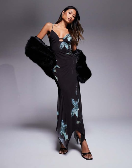 ASOS DESIGN mesh ruffle hem cami maxi dress in dark blue floral print - Image 2