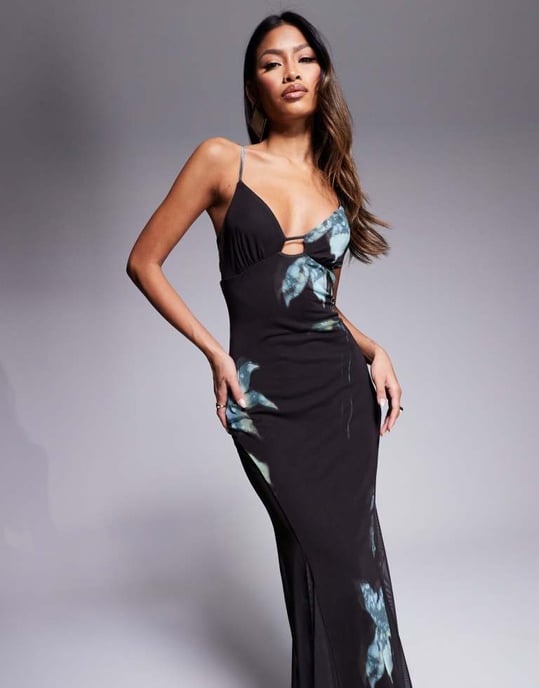 ASOS DESIGN mesh ruffle hem cami maxi dress in dark blue floral print - Image 3