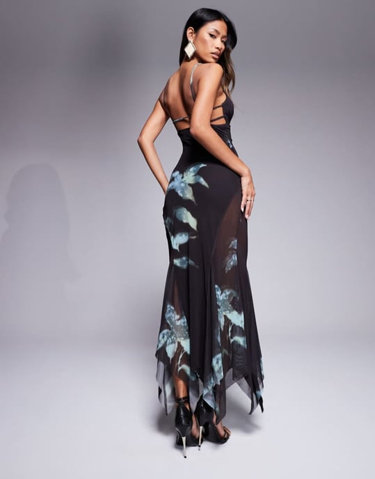 ASOS DESIGN mesh ruffle hem cami maxi dress in dark blue floral print - Image 4