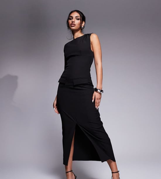 Kaiia exclusive tailored sleeveless high neck pocket detail split front maxi dress in black - Image 1