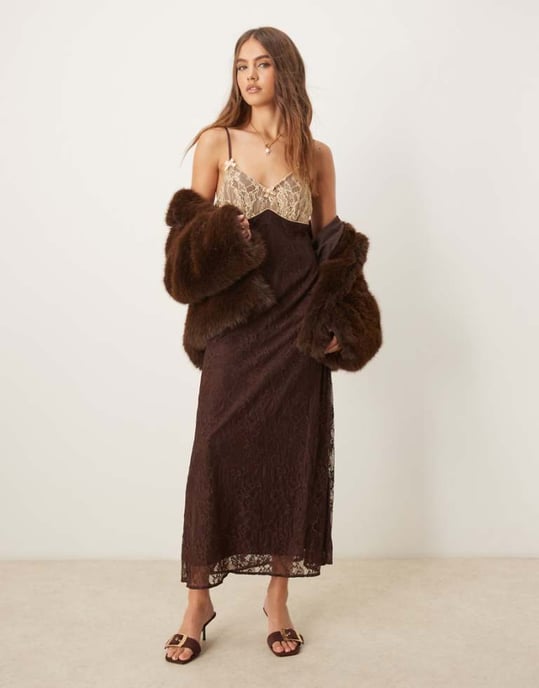 Miss Selfridge maxi slip dress with contrast lace in chocolate - Image 1