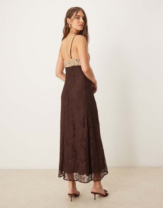 Miss Selfridge maxi slip dress with contrast lace in chocolate - Image 3