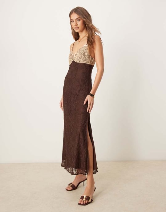 Miss Selfridge maxi slip dress with contrast lace in chocolate - Image 4