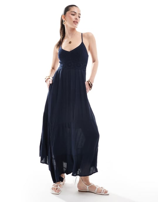 Hollister crochet & woven mix maxi dress with hanky hem in navy - Image 1
