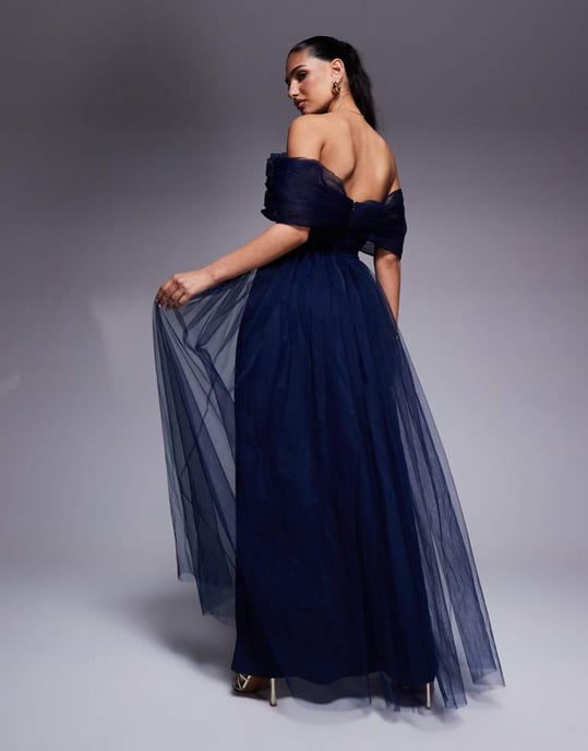Lace & Beads bow off shoulder tulle maxi dress in navy - Image 3