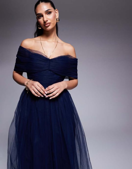 Lace & Beads bow off shoulder tulle maxi dress in navy - Image 4