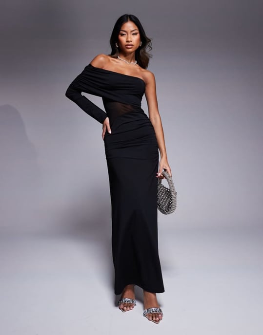 ASOS DESIGN asymmetric one shoulder maxi dress with mesh cut out in black - Image 1