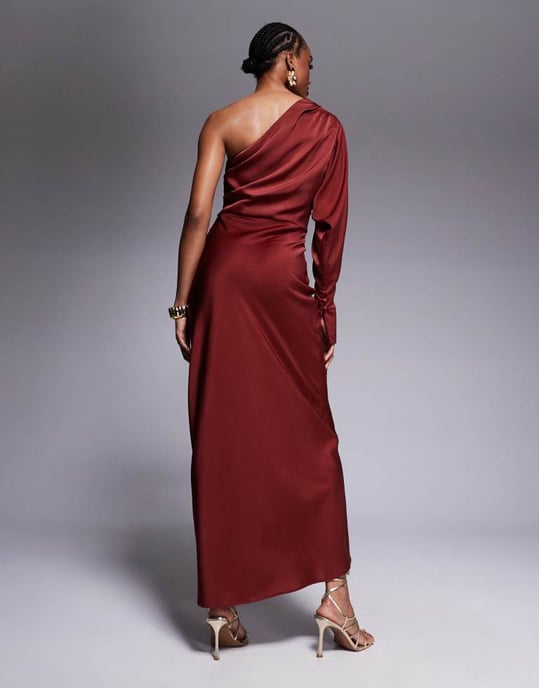 ASOS DESIGN Tall one shoulder satin maxi dress in rust - Image 4