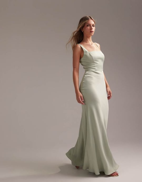 ASOS DESIGN Bridesmaid satin square neck maxi dress in light green - Image 1