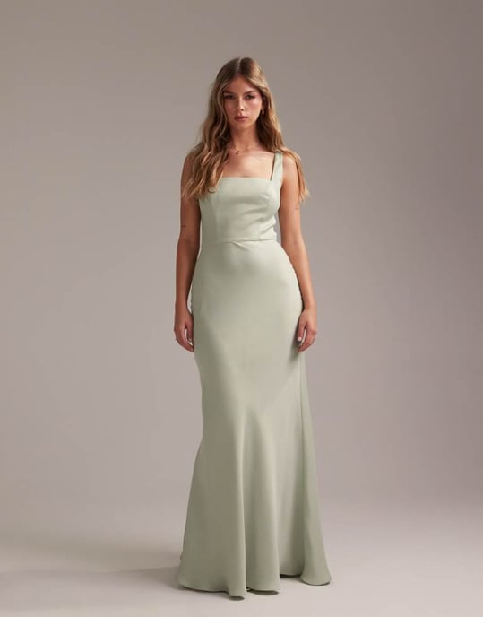 ASOS DESIGN Bridesmaid satin square neck maxi dress in light green - Image 4