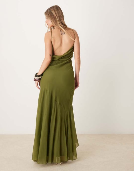 ASOS DESIGN racer neck low cowl back maxi dress with high low frill hem in  green