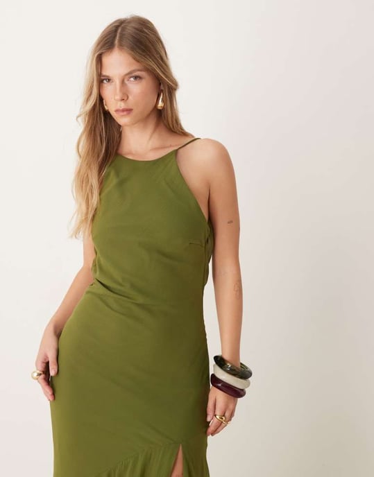 ASOS DESIGN racer neck low cowl back maxi dress with high low frill hem in green - Image 4