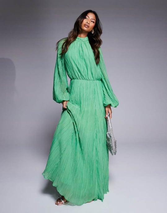 ASOS DESIGN crinkle pleat blouson sleeve high neck maxi dress in green - Image 1