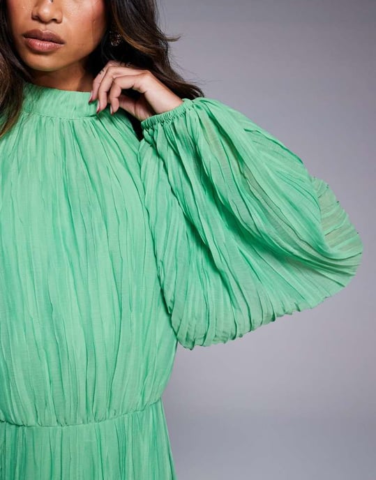 ASOS DESIGN crinkle pleat blouson sleeve high neck maxi dress in green - Image 2