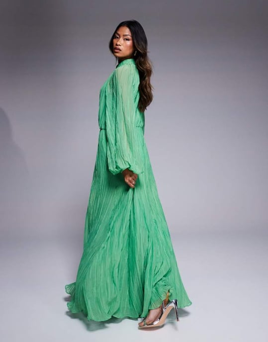 ASOS DESIGN crinkle pleat blouson sleeve high neck maxi dress in green - Image 3