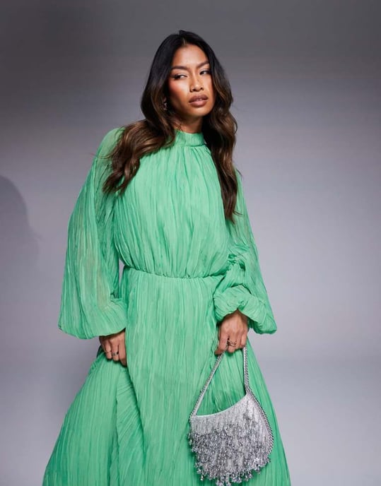 ASOS DESIGN crinkle pleat blouson sleeve high neck maxi dress in green - Image 4