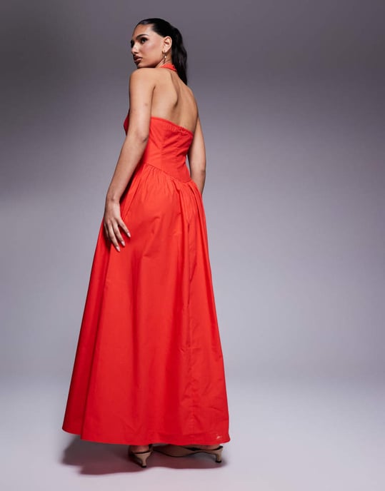 Kaiia exclusive cotton rich poplin square neck halter maxi dress in red - Image 2