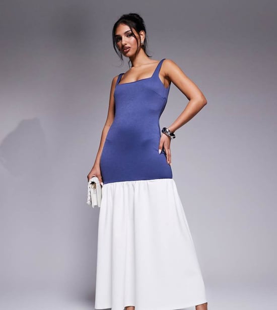 Kaiia exclusive square neck contrast drop waist maxi dress in dark blue and cream - Image 1